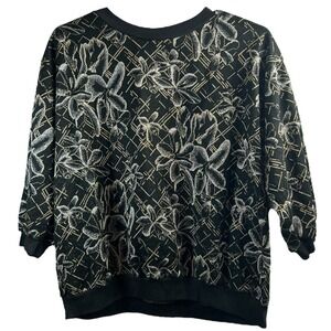 Retro Vicki Wayne's Sweater 3X Black Silver Gold Metallic Lurex Floral Blouse